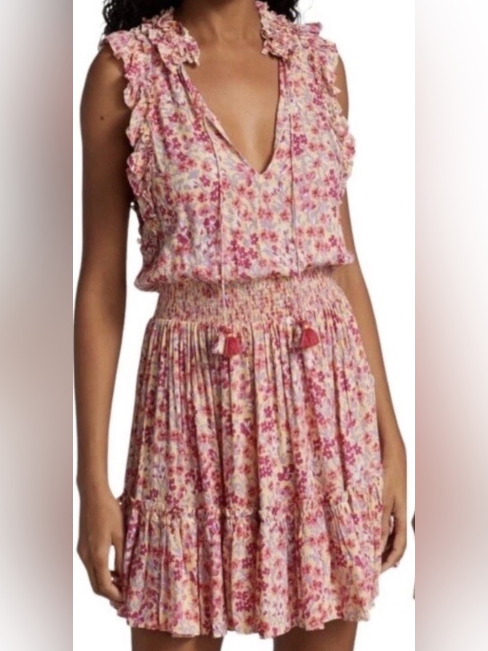 Poupette St Barth Pink Floral Ruffle V-Neck Mini Dress